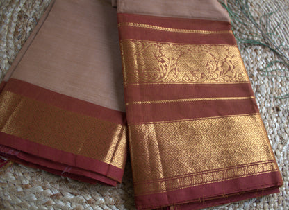 Kanchi cotton Beige saree with Brown golden zari border and running blouse