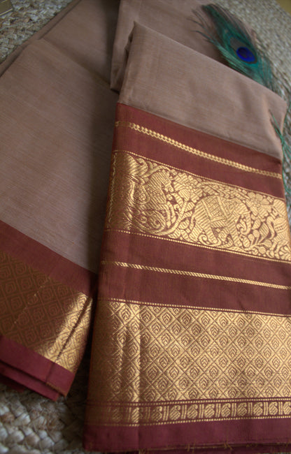 Kanchi cotton Beige saree with Brown golden zari border and running blouse