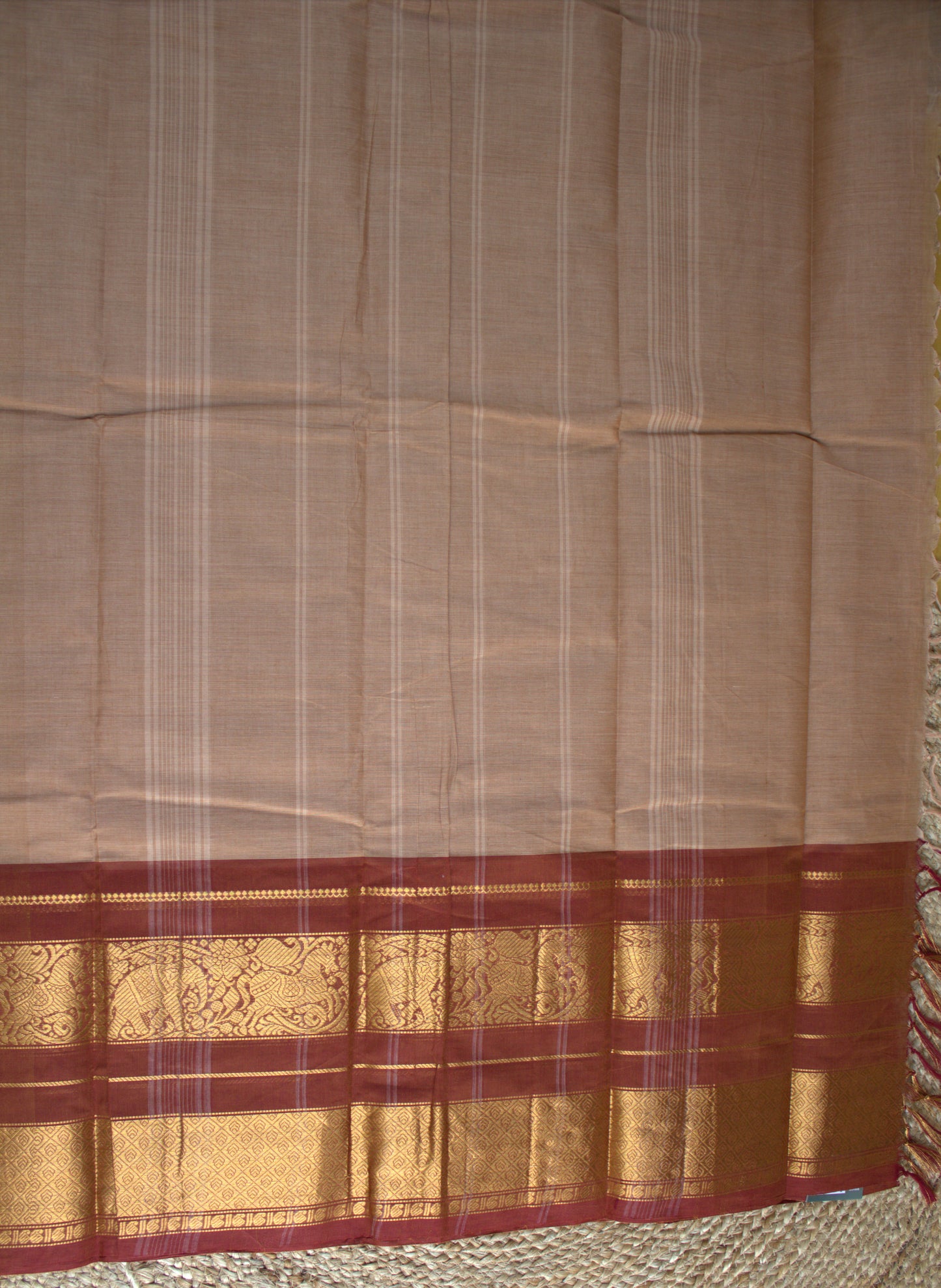 Kanchi cotton Beige saree with Brown golden zari border and running blouse