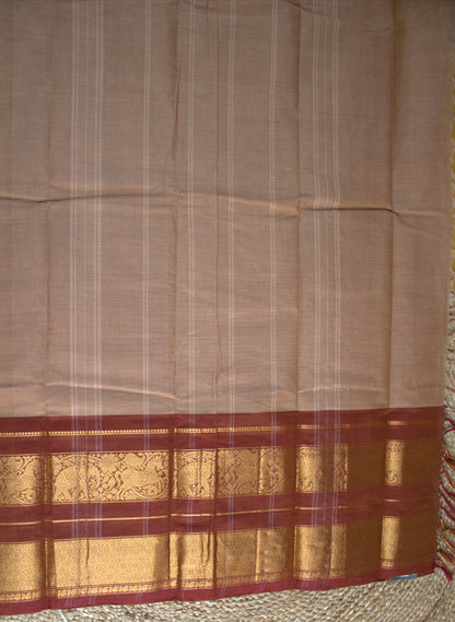Kanchi cotton Beige saree with Brown golden zari border and running blouse