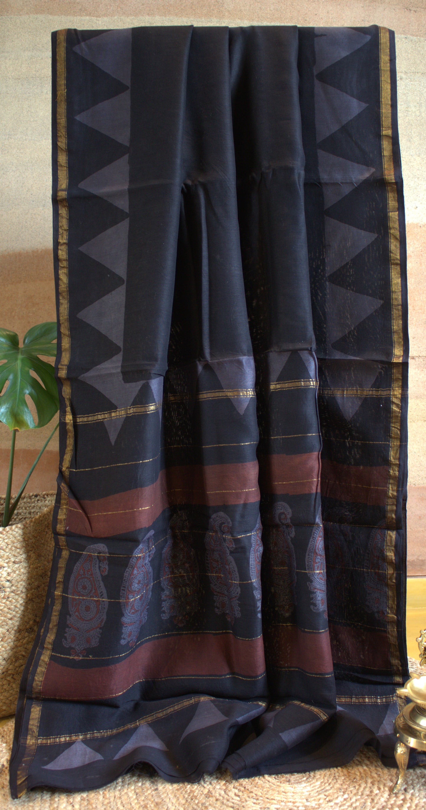 Chanderi silk Black saree with hand printed zari border and running blouse