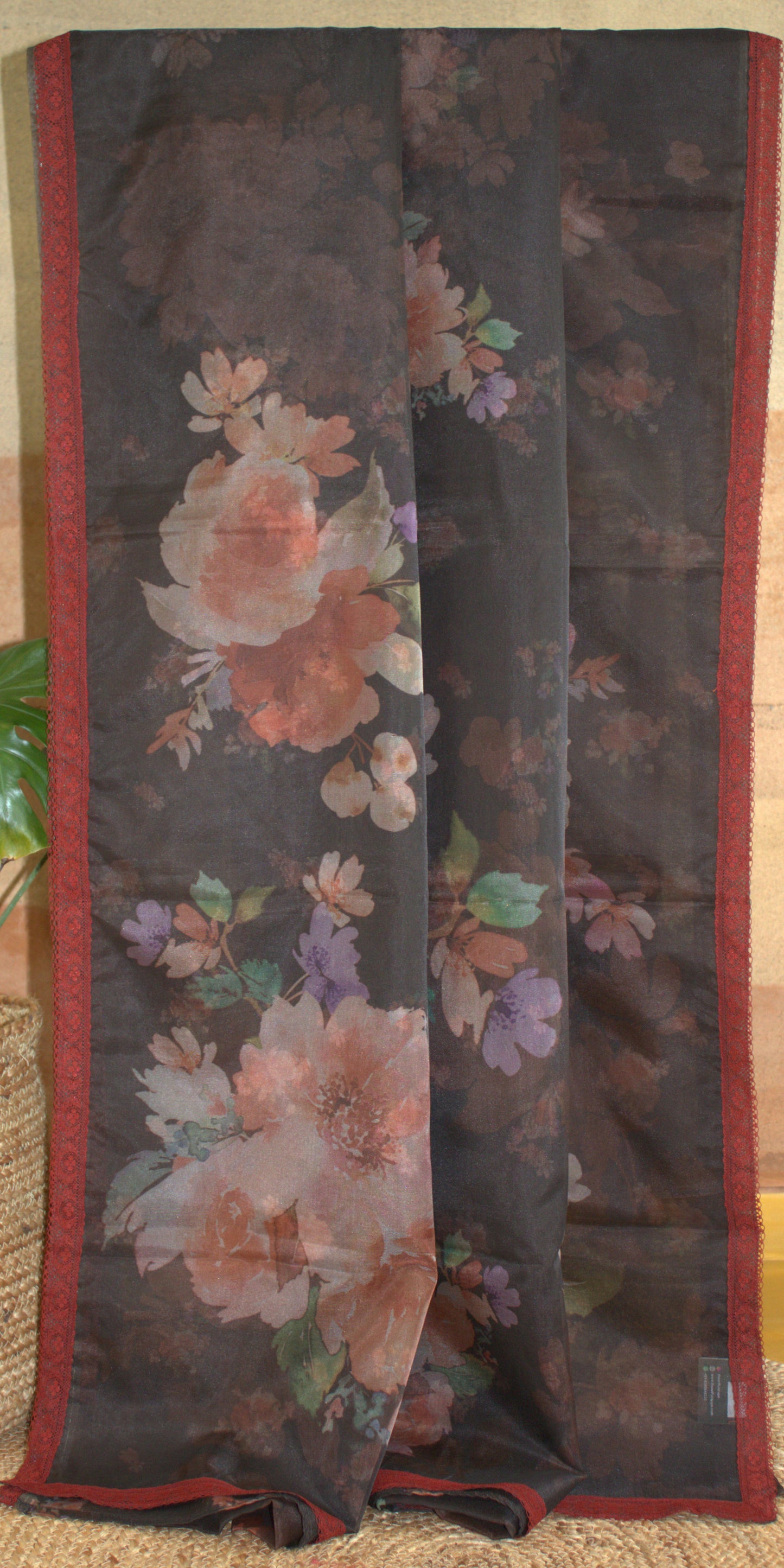 Organza Black printed saree with lace border printed blouse