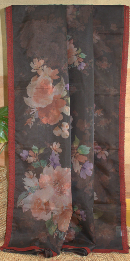Organza Black printed saree with lace border printed blouse