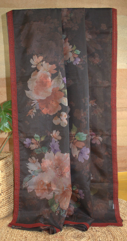 Organza Black printed saree with lace border printed blouse