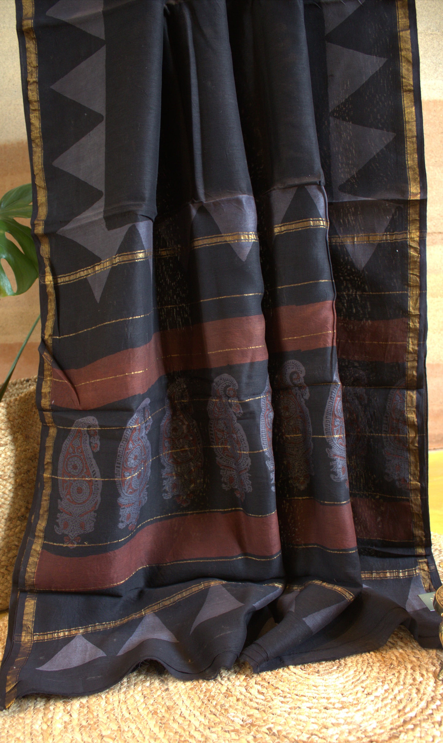Chanderi silk Black saree with hand printed zari border and running blouse