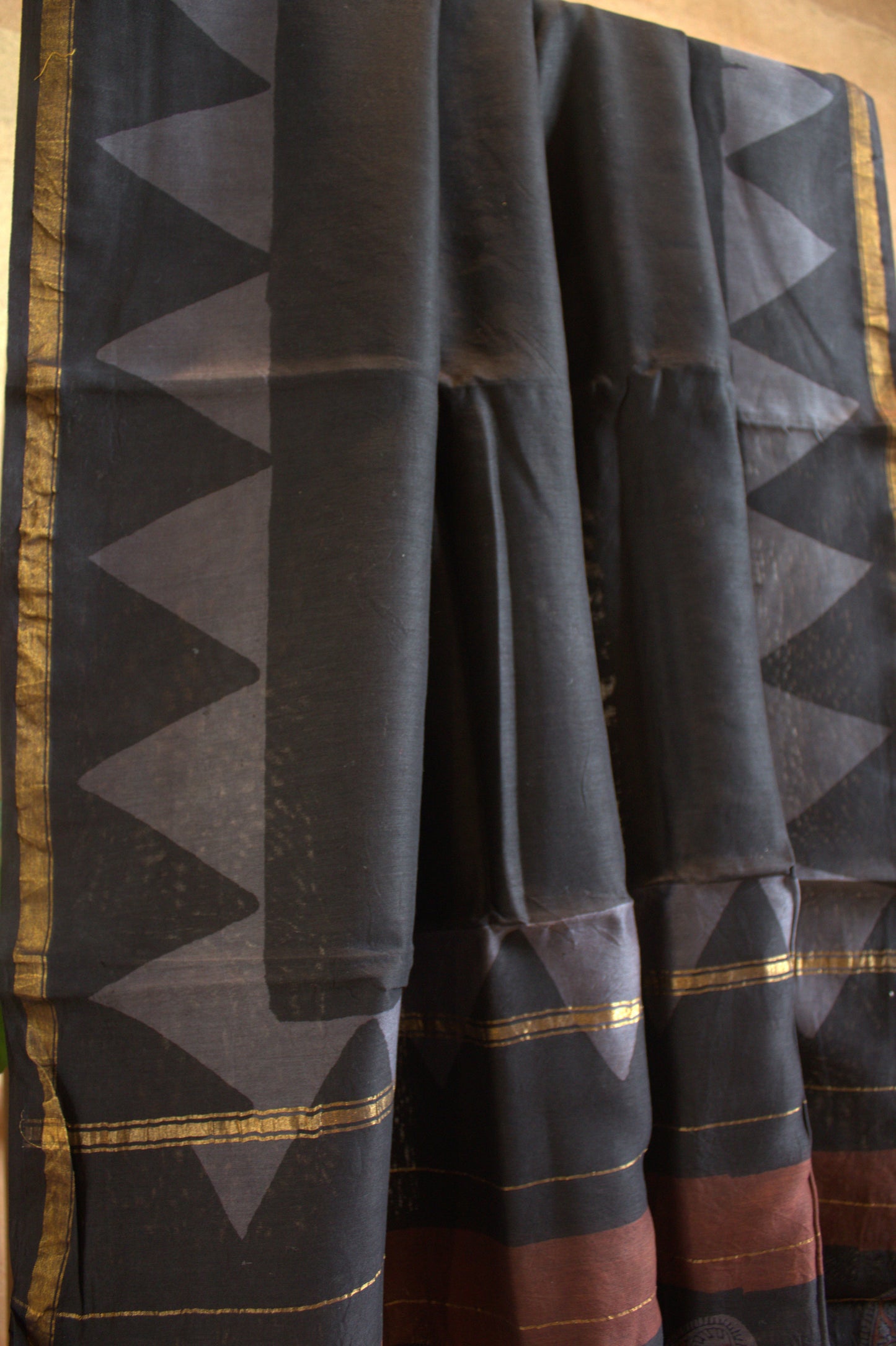 Chanderi silk Black saree with hand printed zari border and running blouse