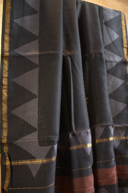 Chanderi silk Black saree with hand printed zari border and running blouse