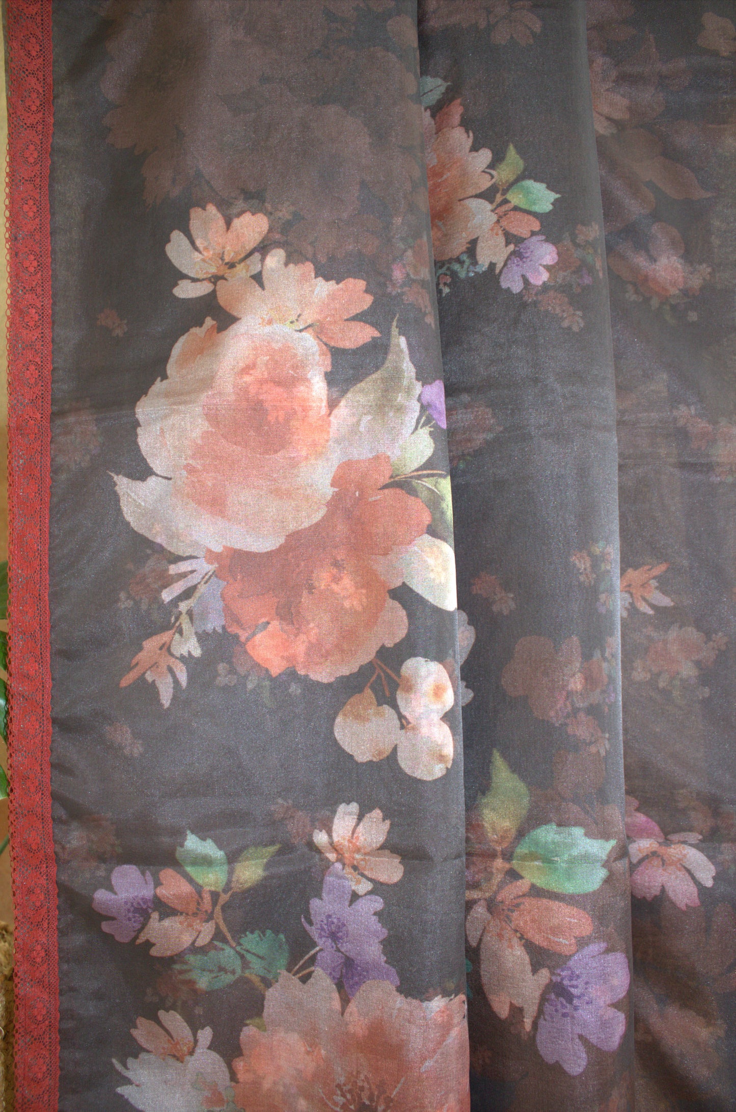 Organza Black printed saree with lace border printed blouse