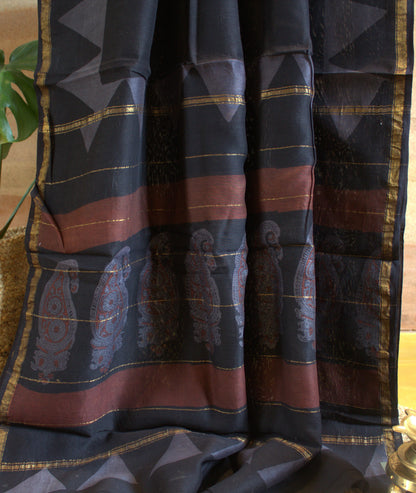 Chanderi silk Black saree with hand printed zari border and running blouse