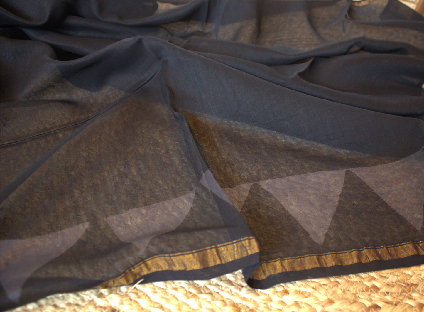 Chanderi silk Black saree with hand printed zari border and running blouse