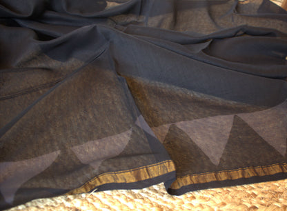 Chanderi silk Black saree with hand printed zari border and running blouse