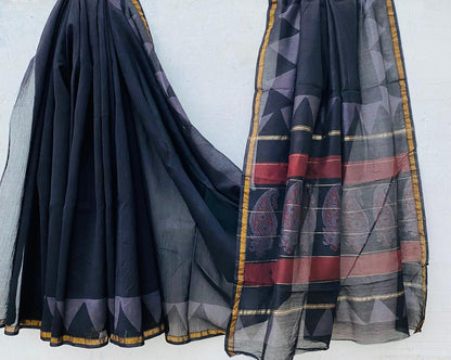 Chanderi silk Black saree with hand printed zari border and running blouse