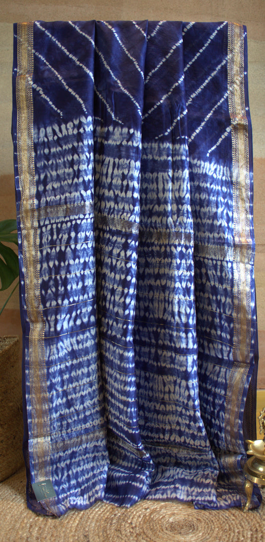 Maheshwari silk Blue tie and dye saree with contrast blouse