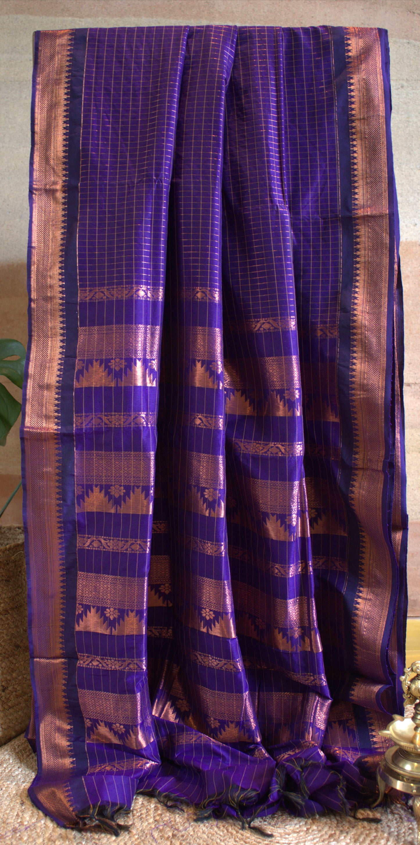 Kalyani cotton Blue saree with copper Zari border and running blouse