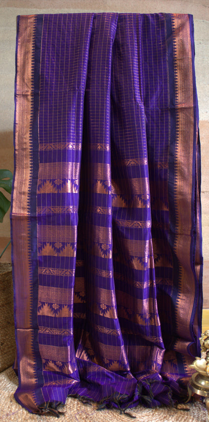 Kalyani cotton Blue saree with copper Zari border and running blouse