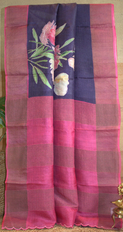 Pure Tussar silk Violet saree with prints and Zari border