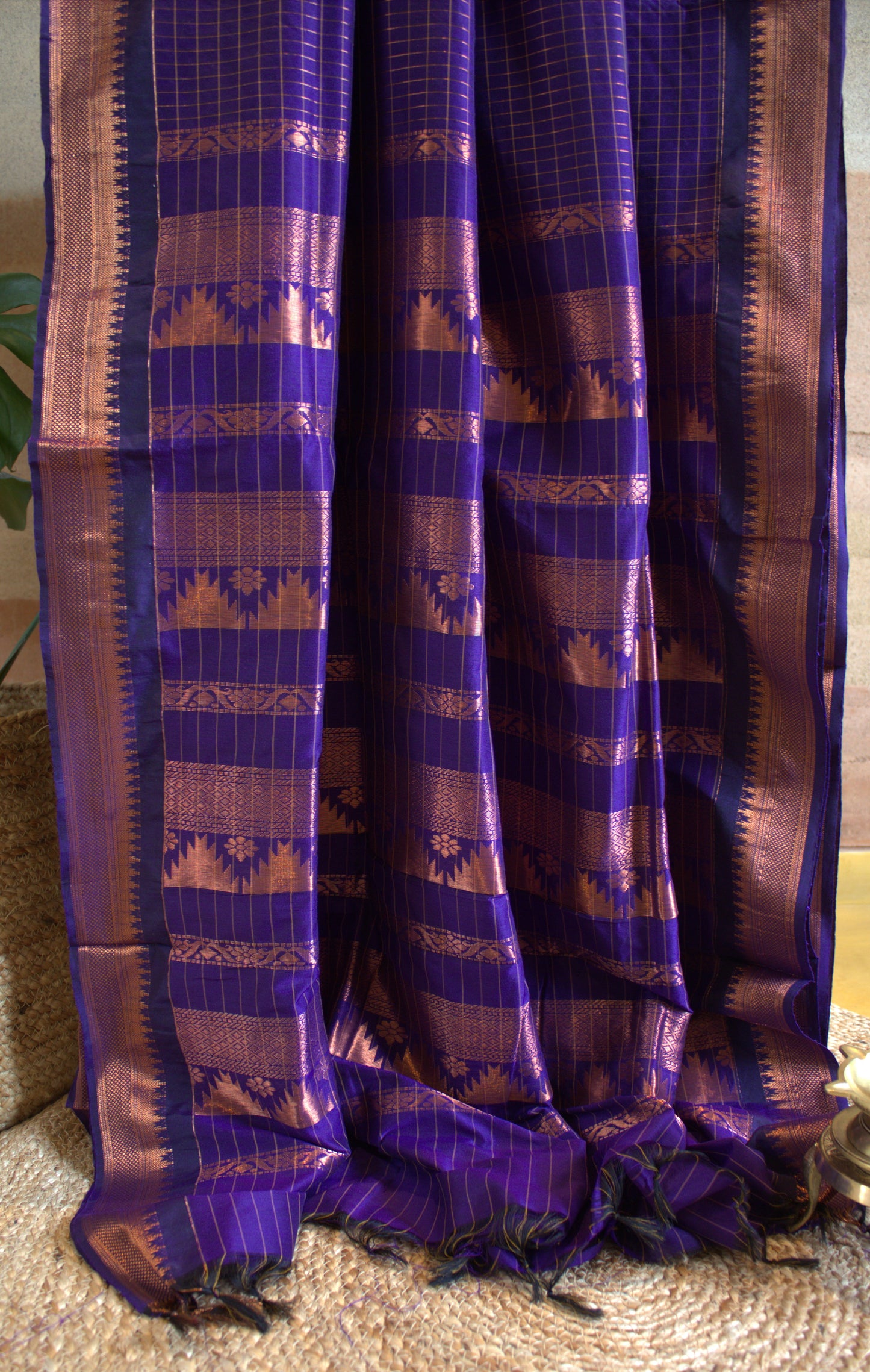 Kalyani cotton Blue saree with copper Zari border and running blouse