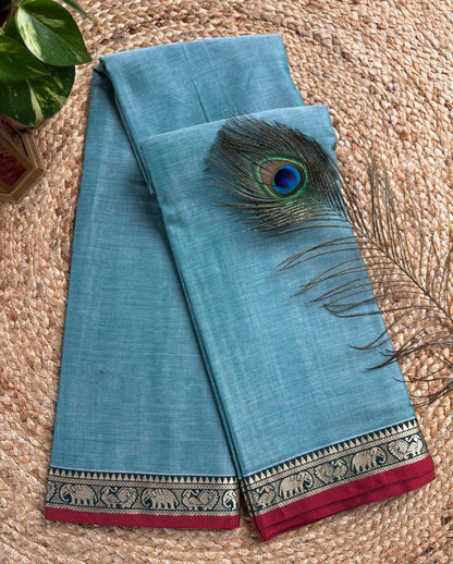 Narayanpet cotton Blue saree with small elephant border and running blouse