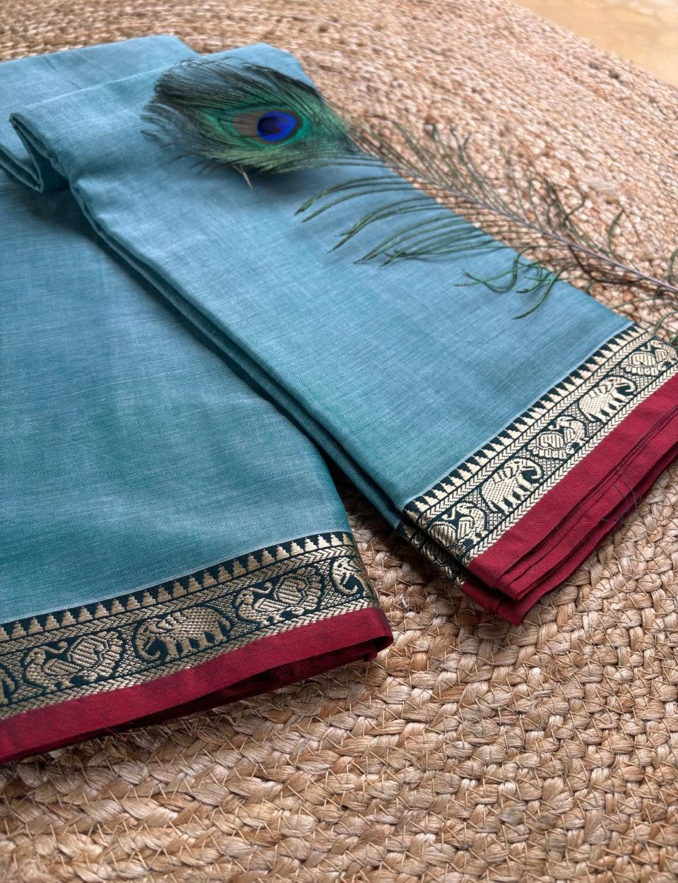 Narayanpet cotton Blue saree with small elephant border and running blouse