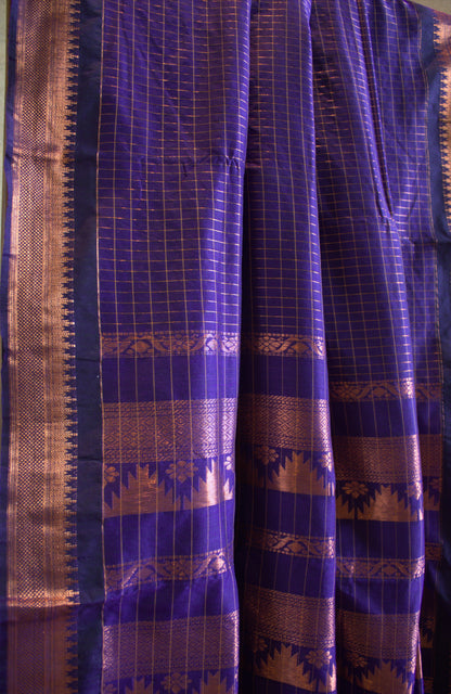 Kalyani cotton Blue saree with copper Zari border and running blouse