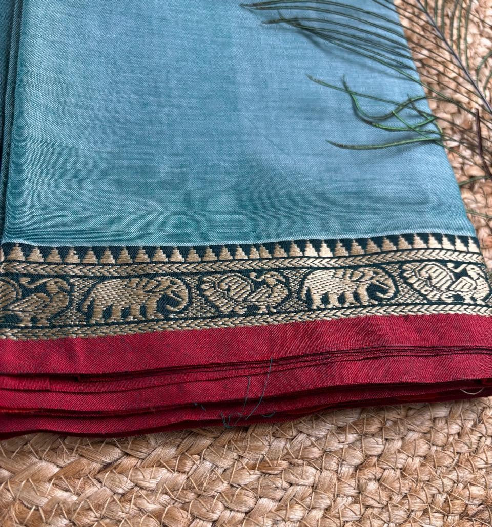 Narayanpet cotton Blue saree with small elephant border and running blouse