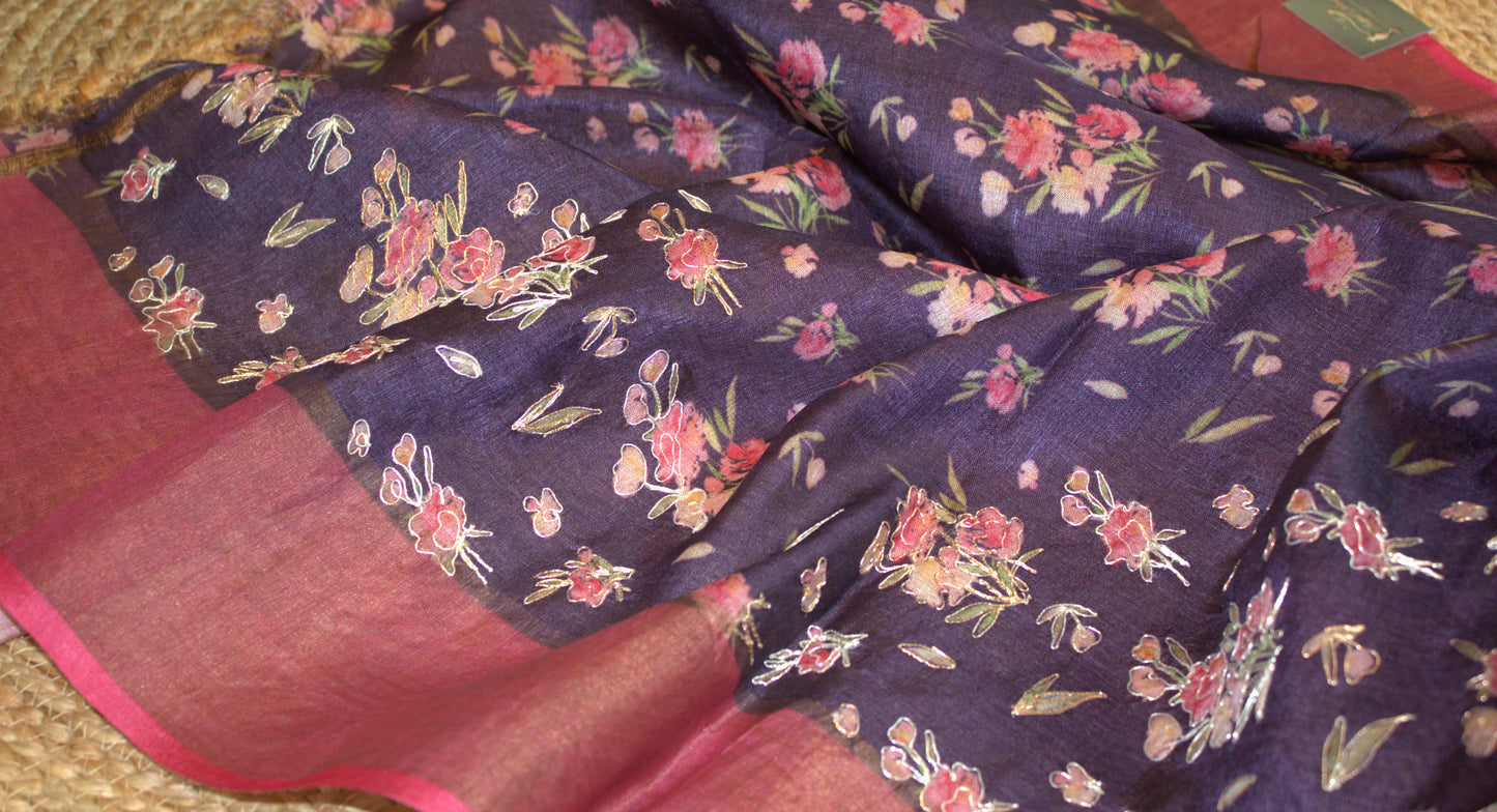 Pure Tussar silk Violet saree with prints and Zari border