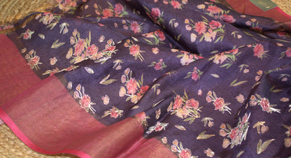 Pure Tussar silk Violet saree with prints and Zari border