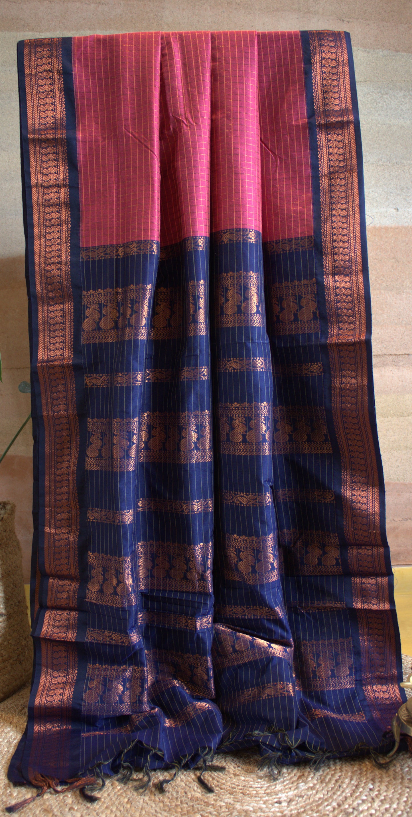 Kalyani cotton Dark rose saree with Blue copper Zari border and running blouse