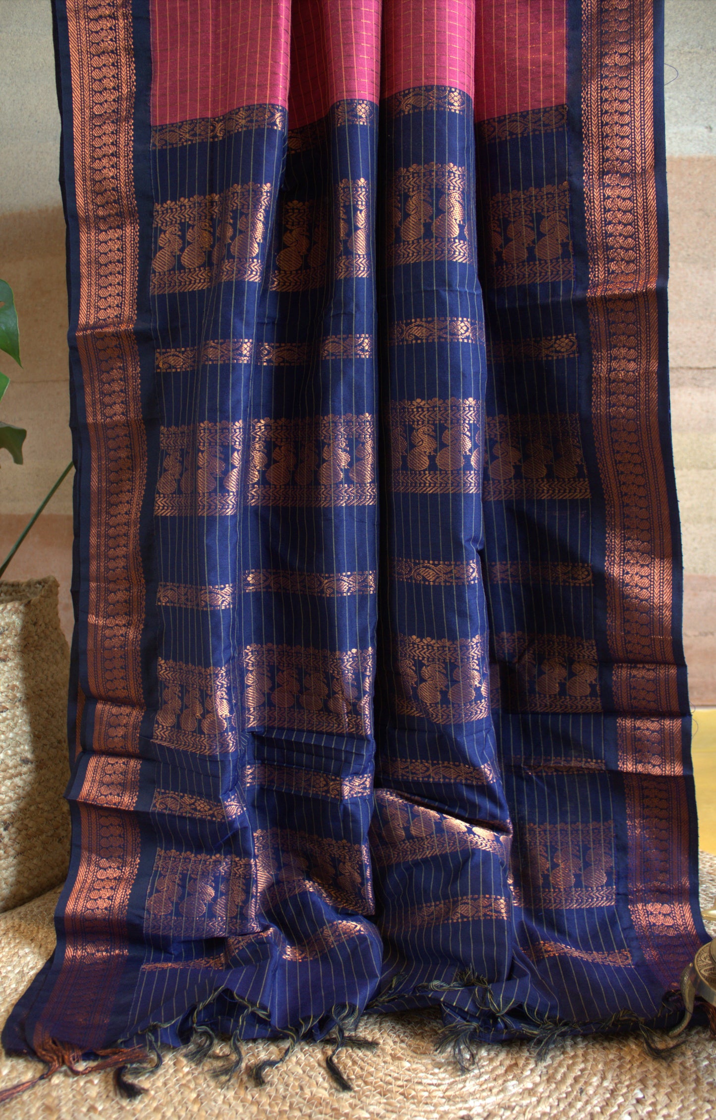Kalyani cotton Dark rose saree with Blue copper Zari border and running blouse