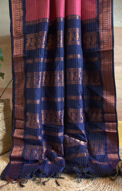 Kalyani cotton Dark rose saree with Blue copper Zari border and running blouse