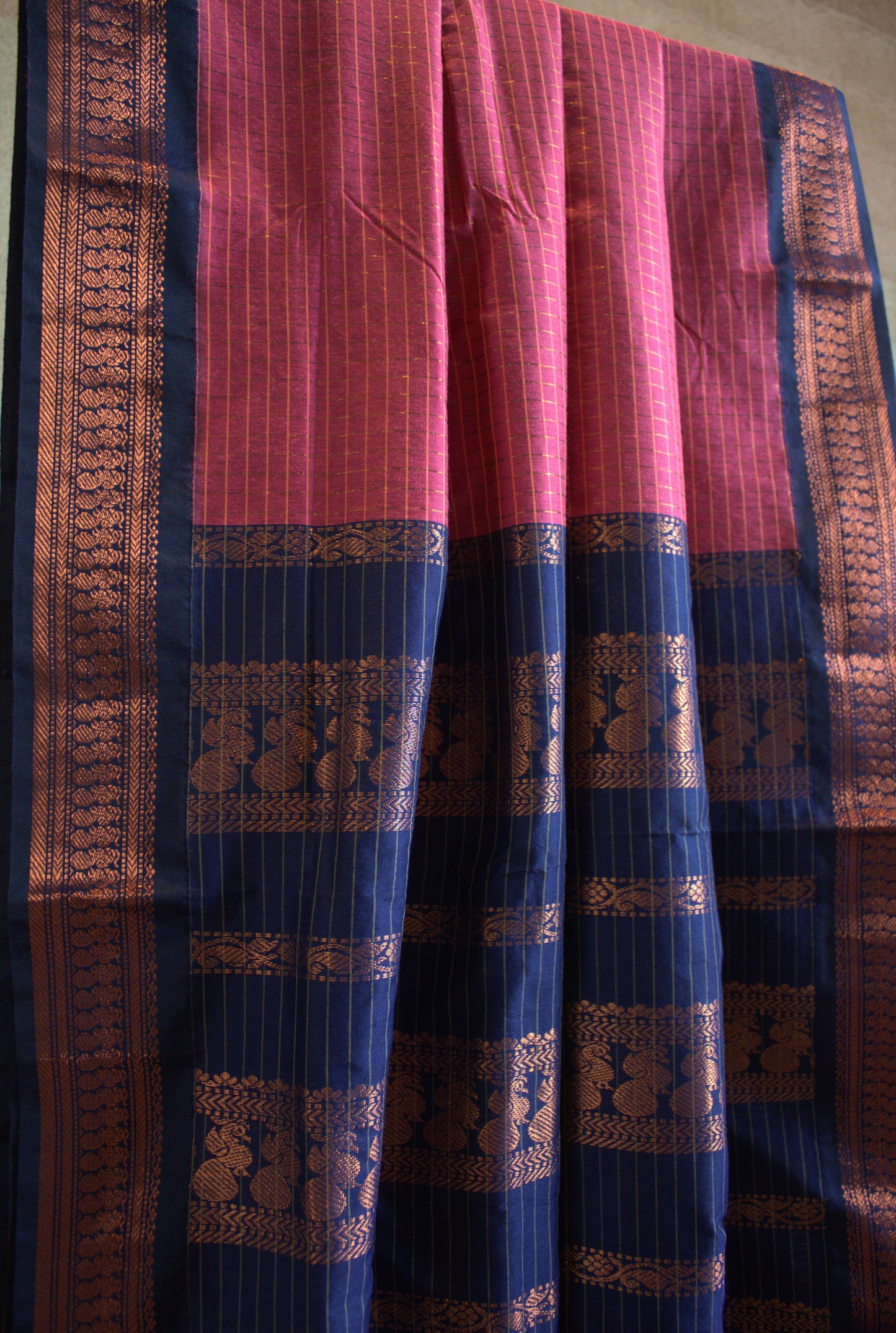 Kalyani cotton Dark rose saree with Blue copper Zari border and running blouse