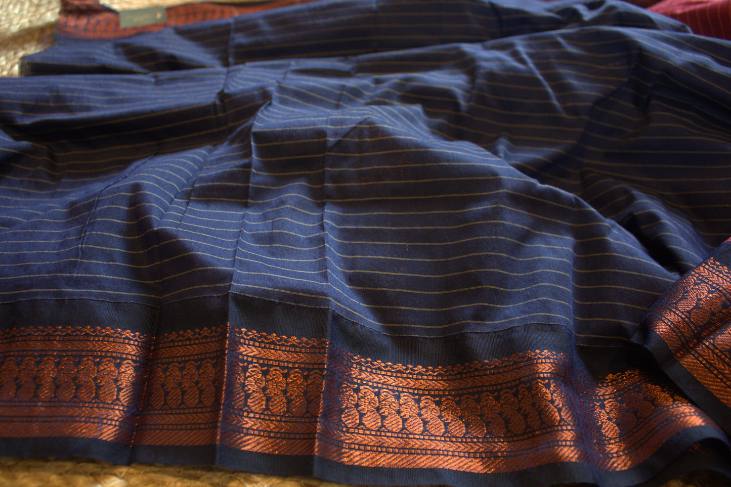 Kalyani cotton Dark rose saree with Blue copper Zari border and running blouse