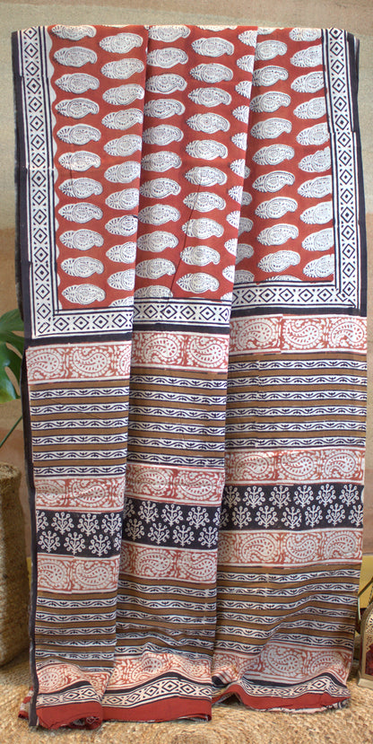 Mul Cotton Brown Saree Hand printed