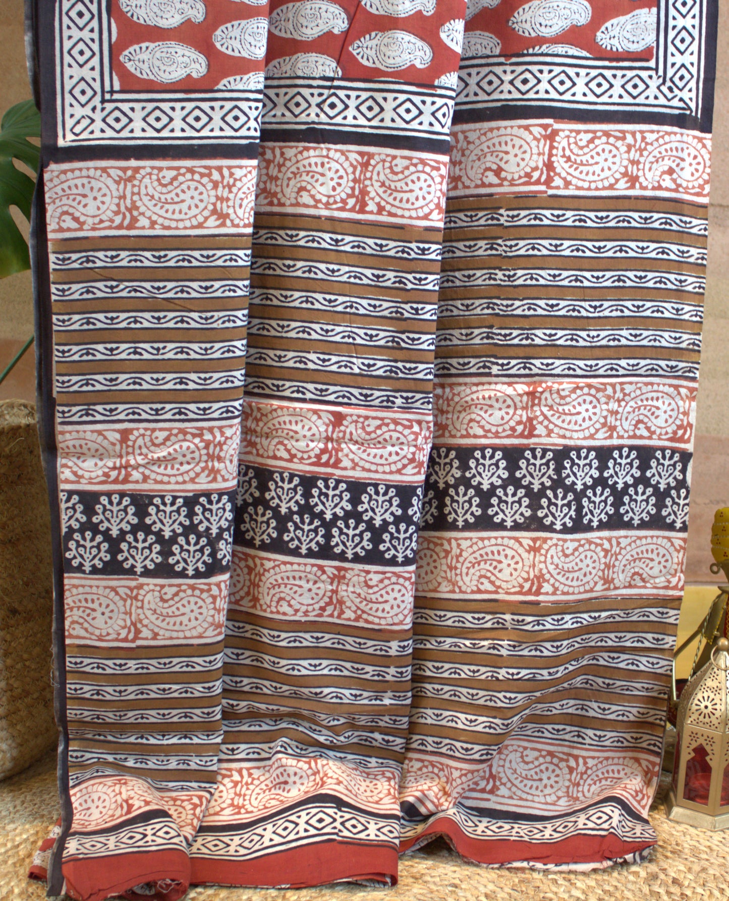 Mul Cotton Brown Saree Hand printed