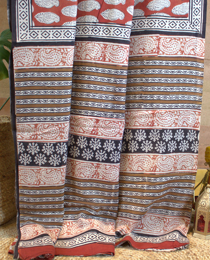 Mul Cotton Brown Saree Hand printed