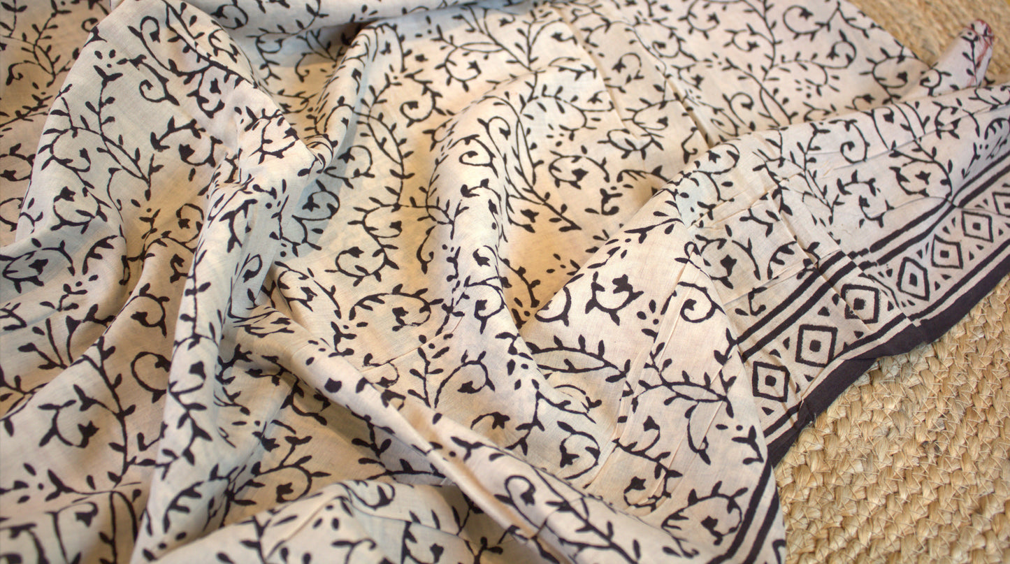Mul Cotton Brown Saree Hand printed