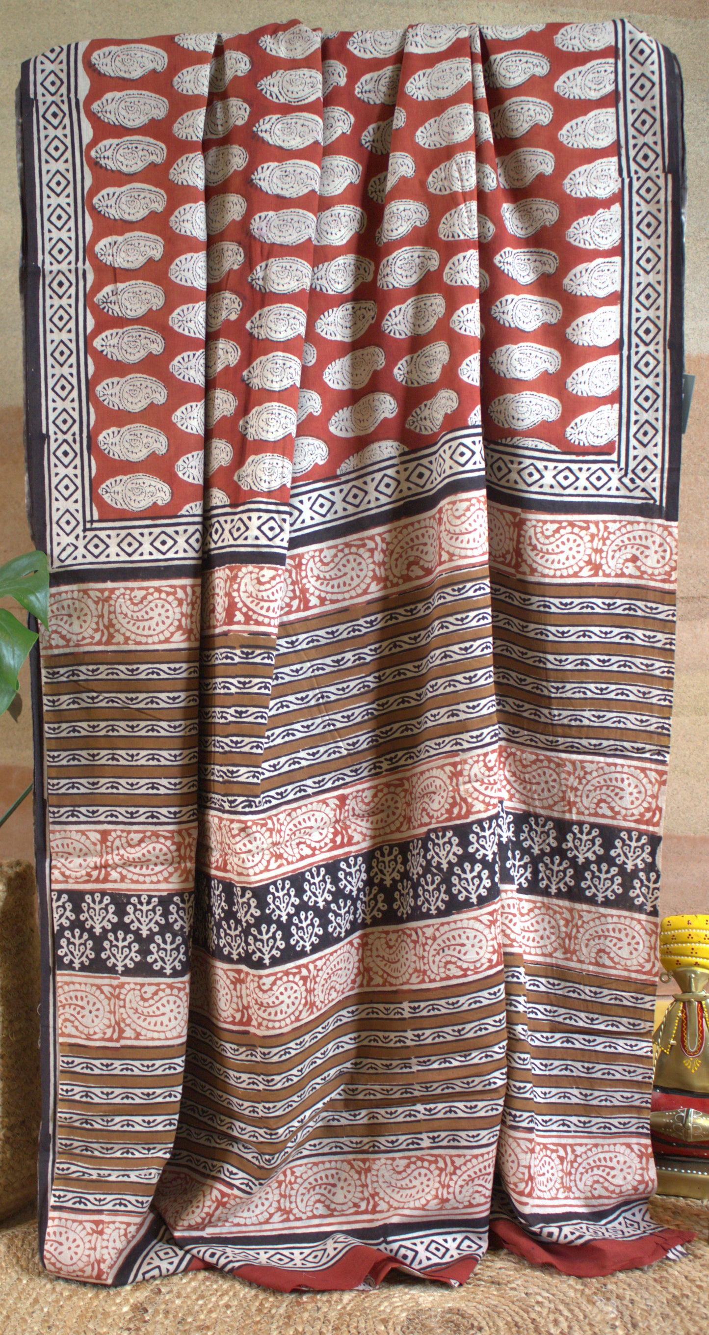 Mul Cotton Brown Saree Hand printed