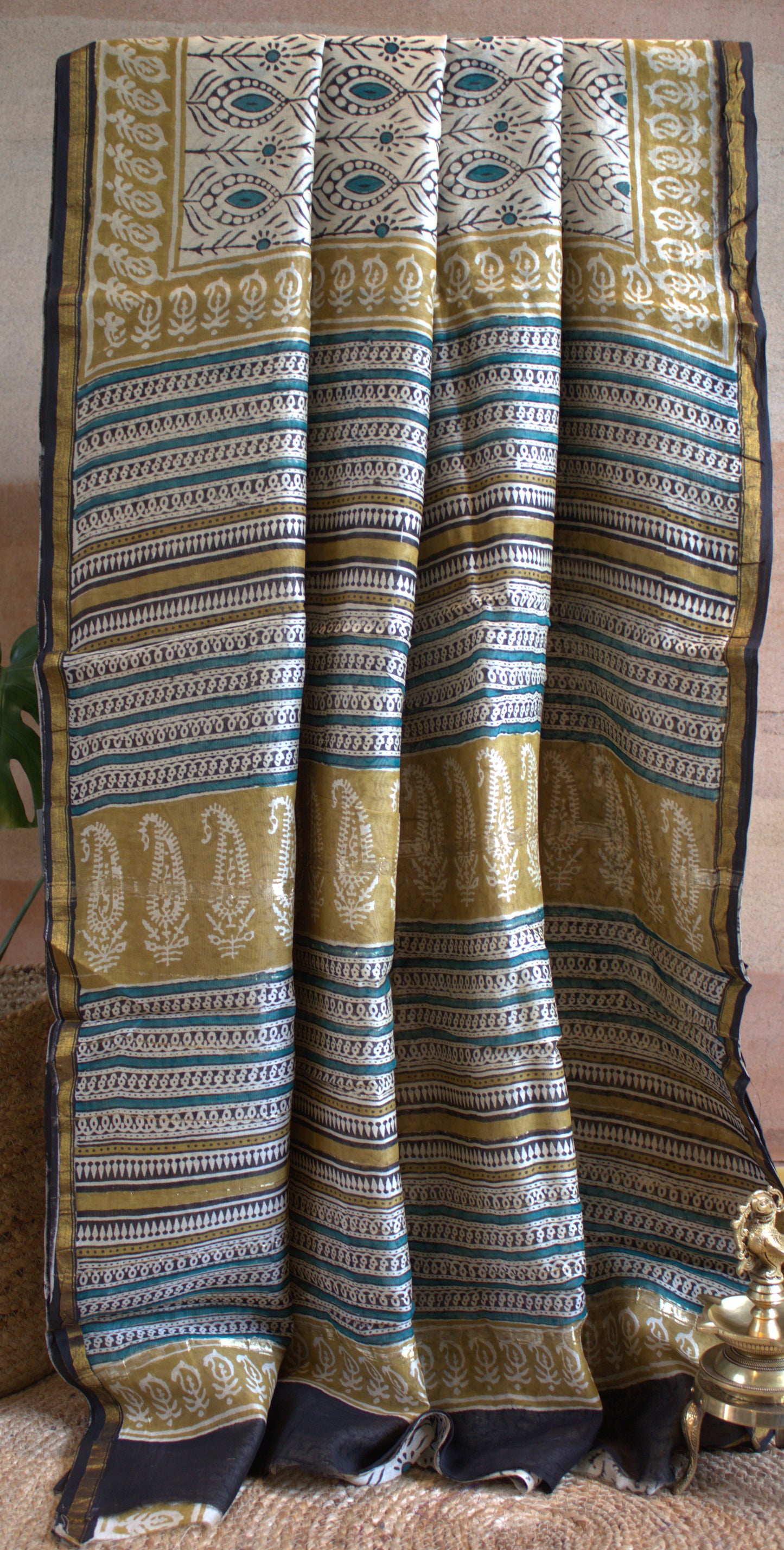 Chanderi silk Beige saree with all over hand block print and running blouse