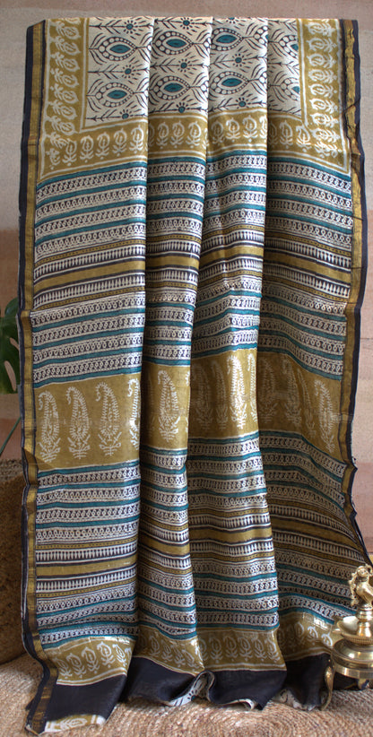 Chanderi silk Beige saree with all over hand block print and running blouse
