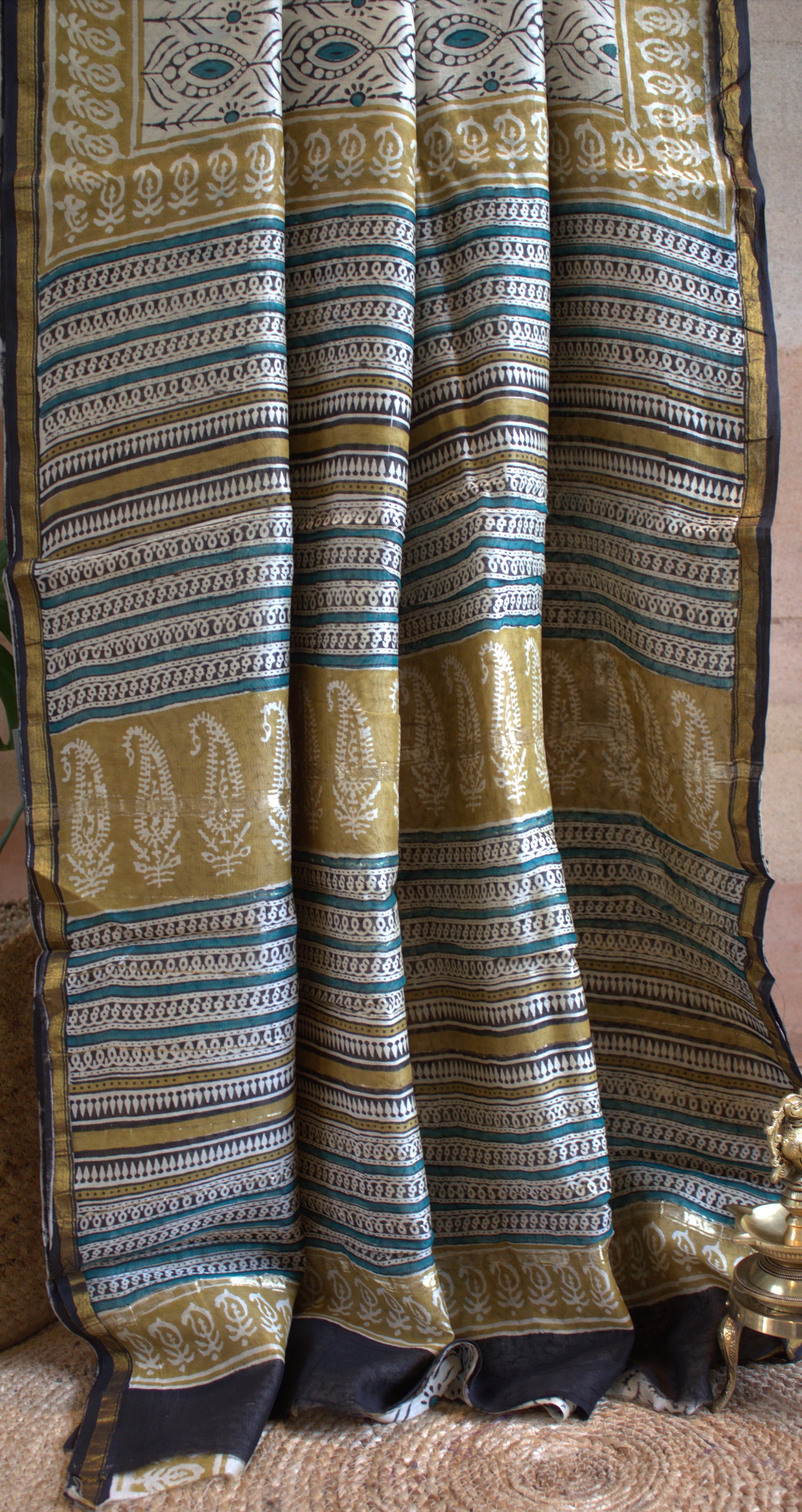 Chanderi silk Beige saree with all over hand block print and running blouse