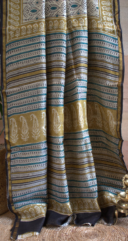 Chanderi silk Beige saree with all over hand block print and running blouse