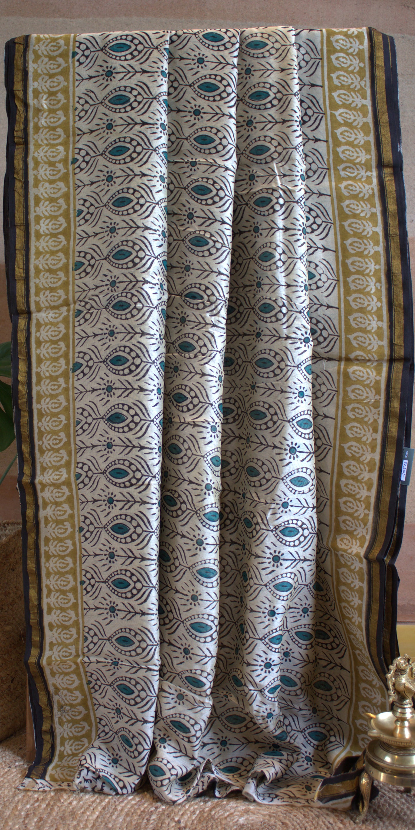 Chanderi silk Beige saree with all over hand block print and running blouse