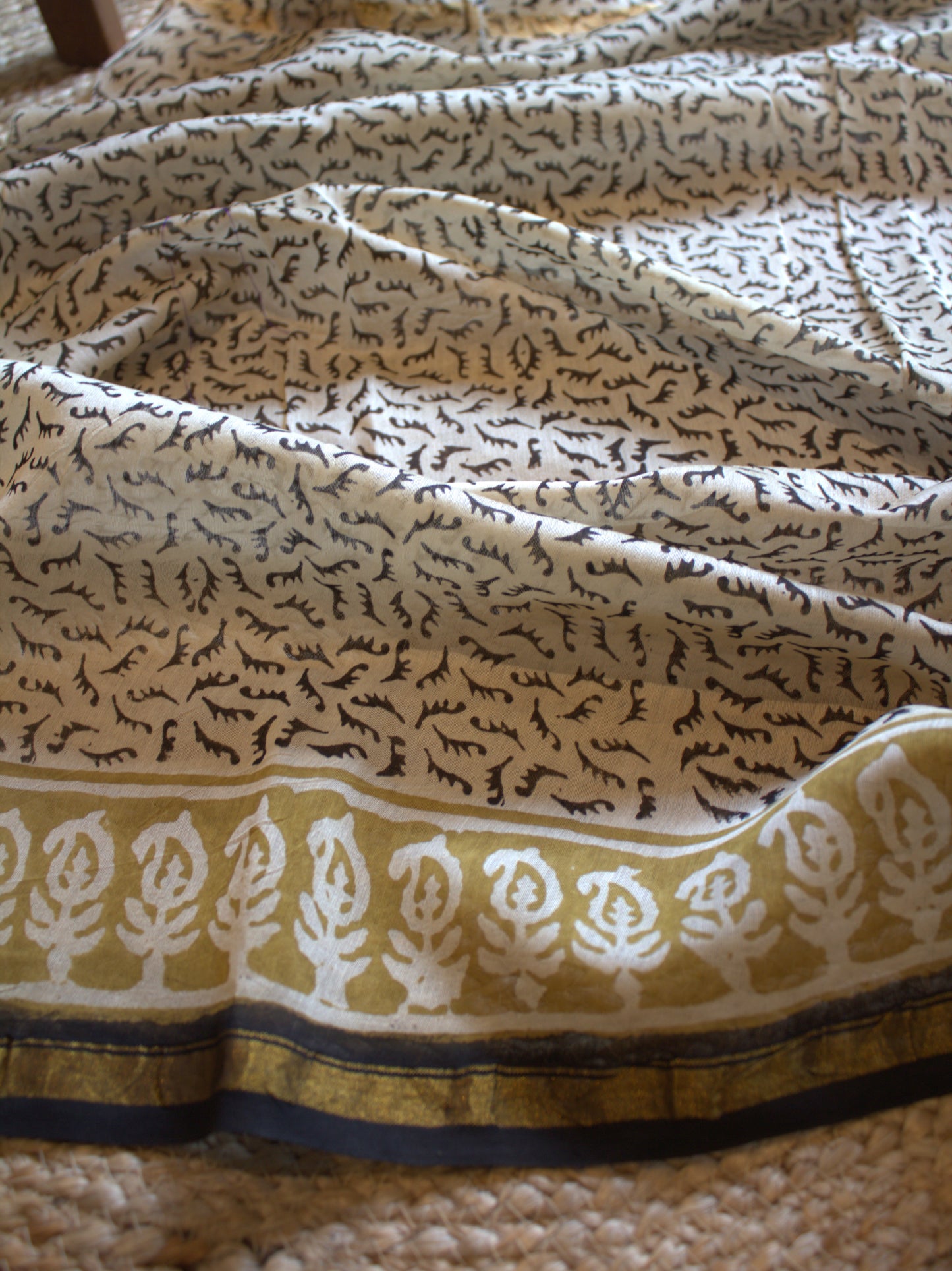 Chanderi silk Beige saree with all over hand block print and running blouse
