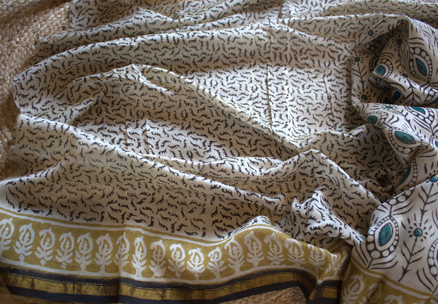 Chanderi silk Beige saree with all over hand block print and running blouse