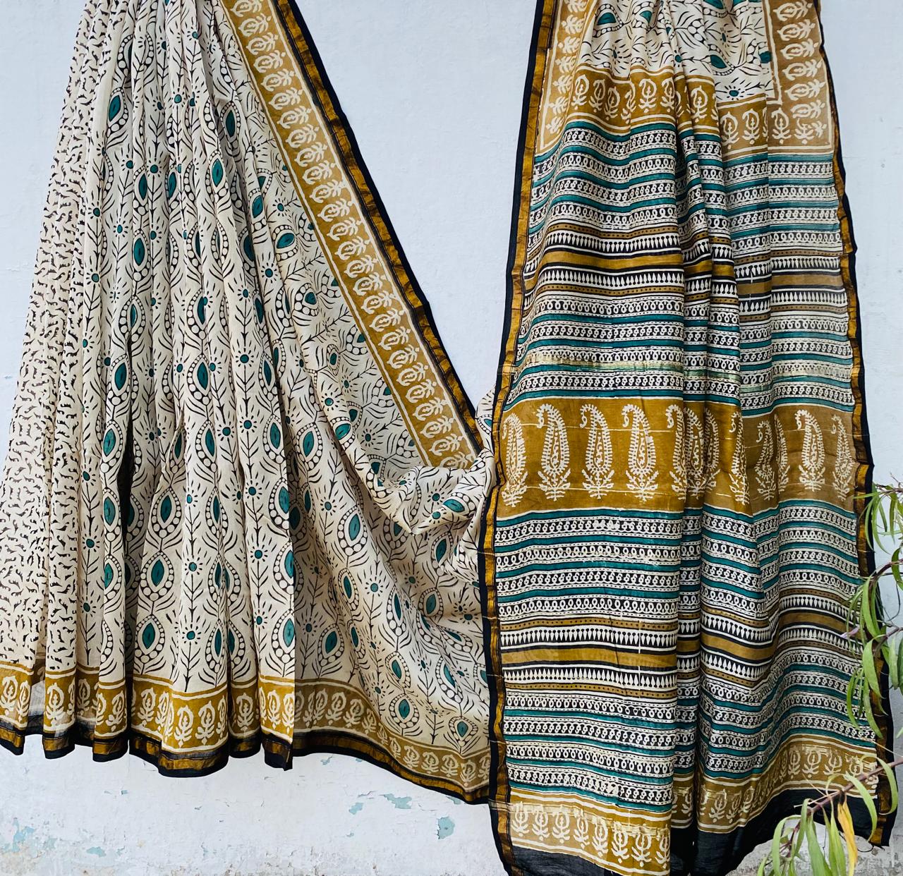 Chanderi silk Beige saree with all over hand block print and running blouse