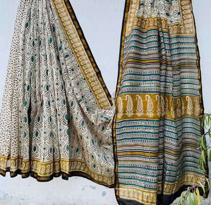 Chanderi silk Beige saree with all over hand block print and running blouse