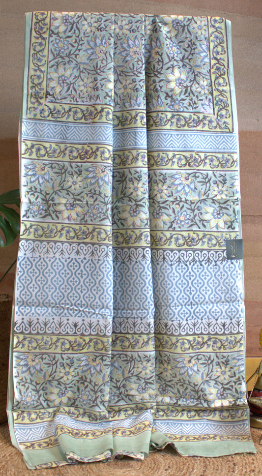 Cotton Pista green floral Saree Hand printed