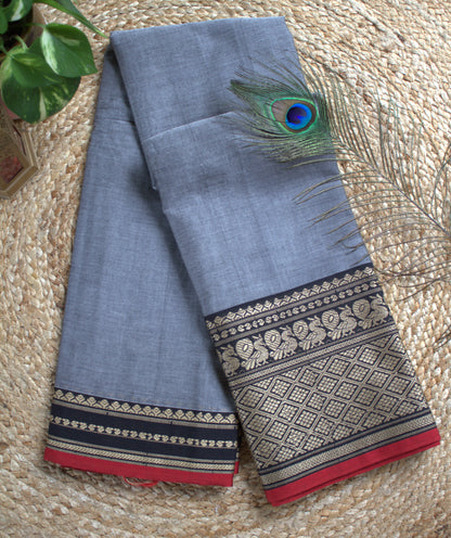 Narayanpet cotton Grey saree with big peacock border and running blouse