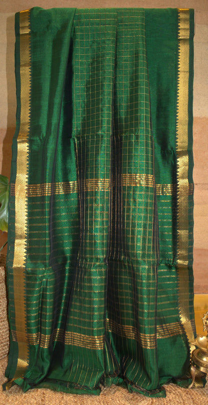 Mangalgiri Green checks silk cotton saree with golden zari and running blouse