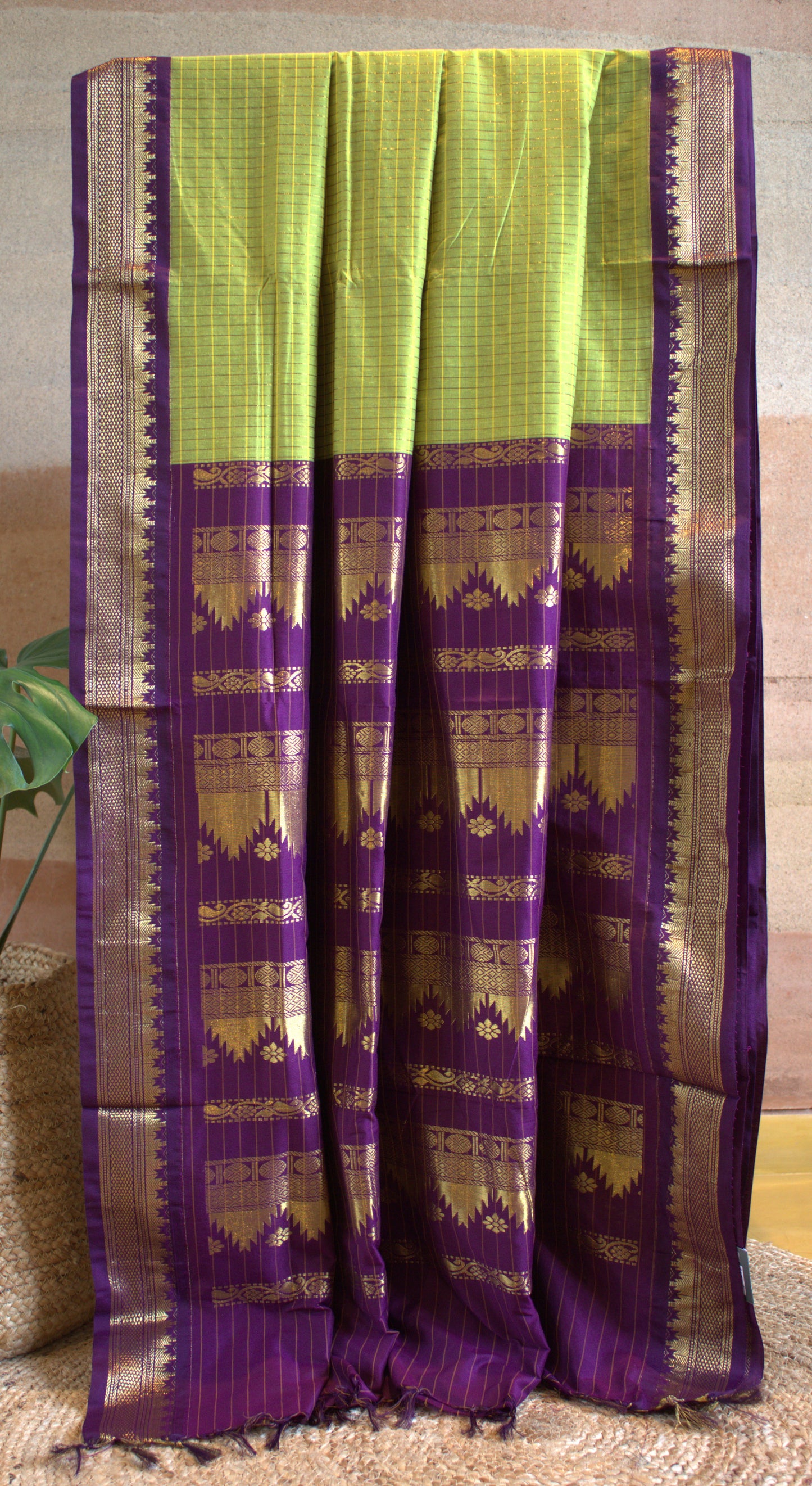 Kalyani cotton Green saree with Purple zari pallu and contrast purple blouse